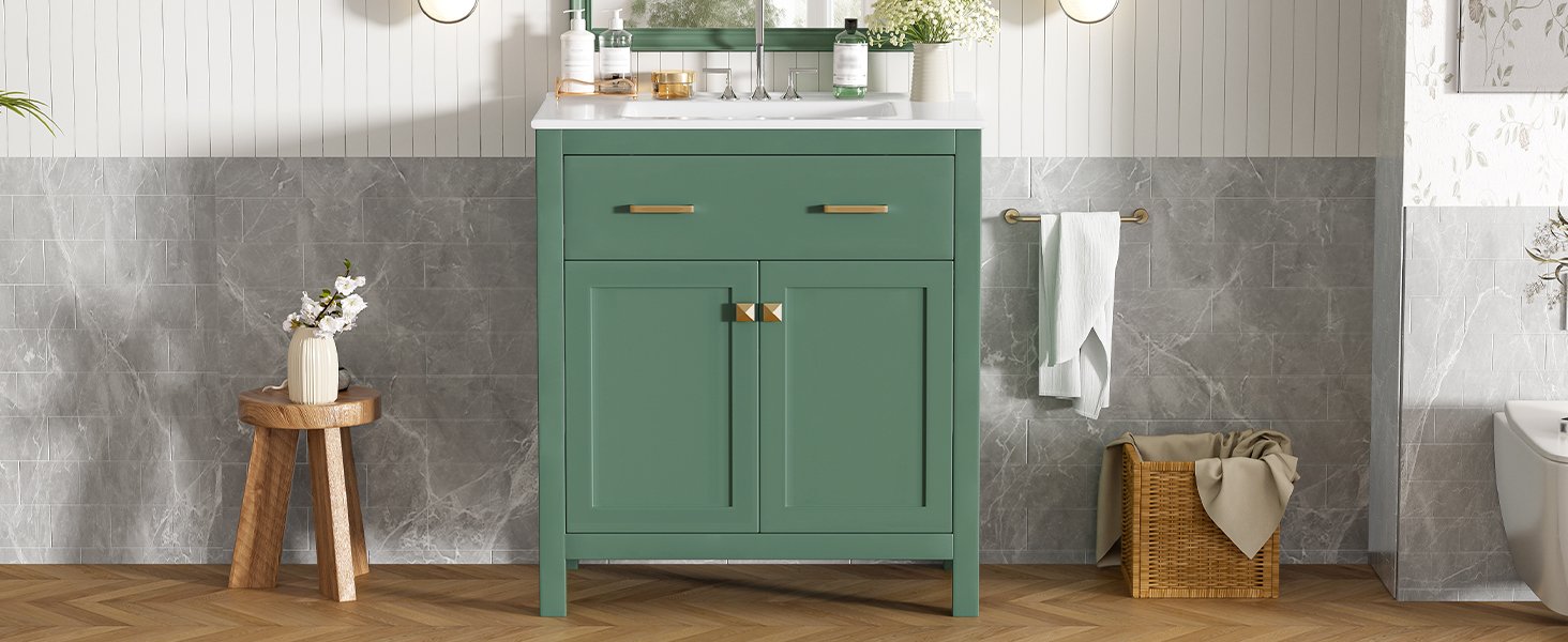 Bathroom Vanity With Ceramic Sink, Modern Single Bathroom Cabinet With 2 Doors And A Shelf, Soft Close Doors - Green - Image 34