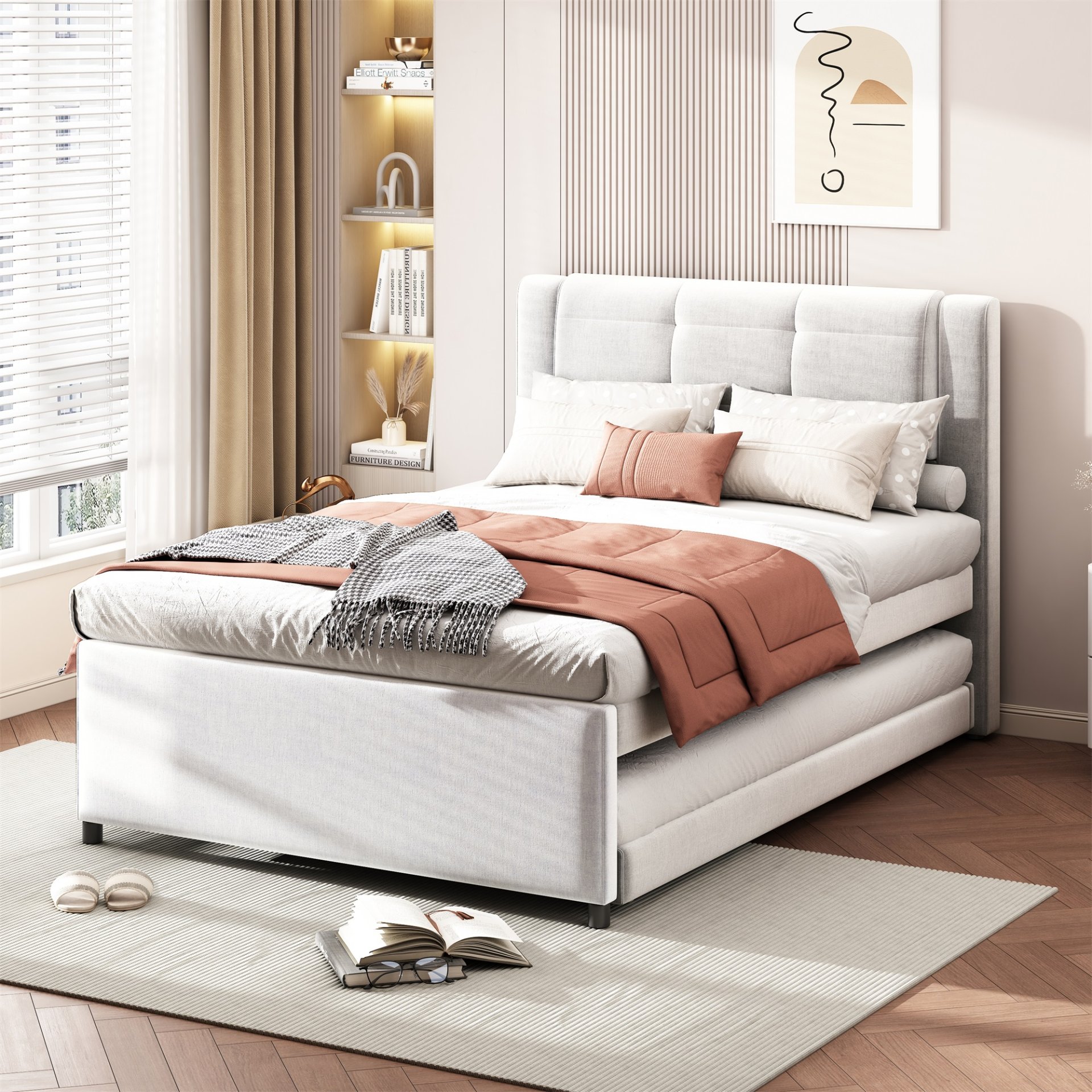 Full Size Upholstery Platform Bed With Trundle,Trundle Can Be Flat Or Erected - Beige - Image 4