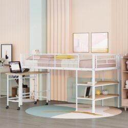 Twin Size Loft Bed With Desk And Shelves - White