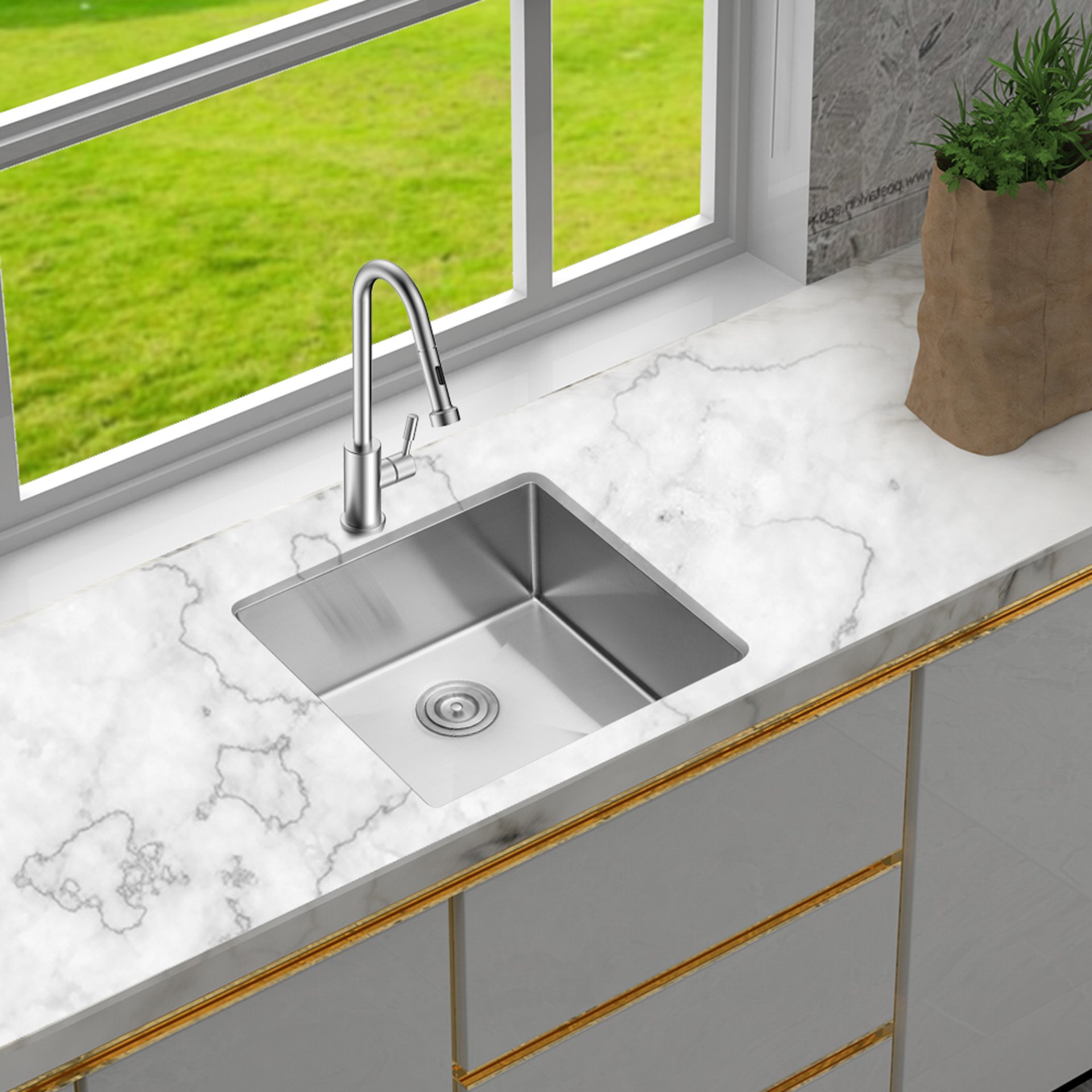 23" Undermount Kitchen Sink, 16 Gauge, 9" Deep Single Bowl - Brushed Nickel - Image 2
