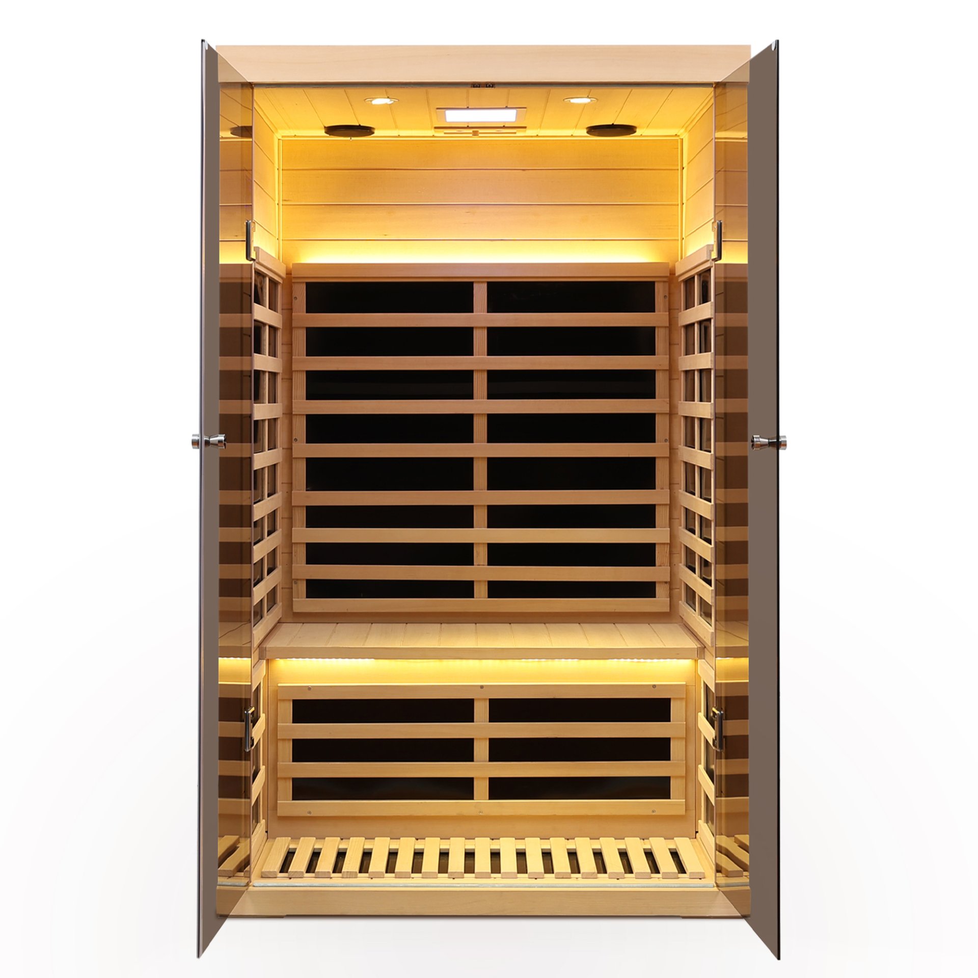 Low Emf 2 Person Wide Space Hemlock, Double Doors Great Glass Luxury Indoor Far Infrared Sauna Room - Natural Wood - Image 5