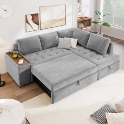 L Shaped Couch With Pull Out Bed And Storage Sectional Sleeper Sofa With Hidden Storage, Wide Armrest With Storage, For Living Room, Apartment, Bedroom, Office - Light Gray