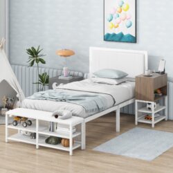 Twin Size Platform Bed With 2 Tier Storage Shelves, Storage Cabinet - White