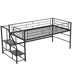 Twin Loft Bed With Storage Stairs And Metal Frame - Black