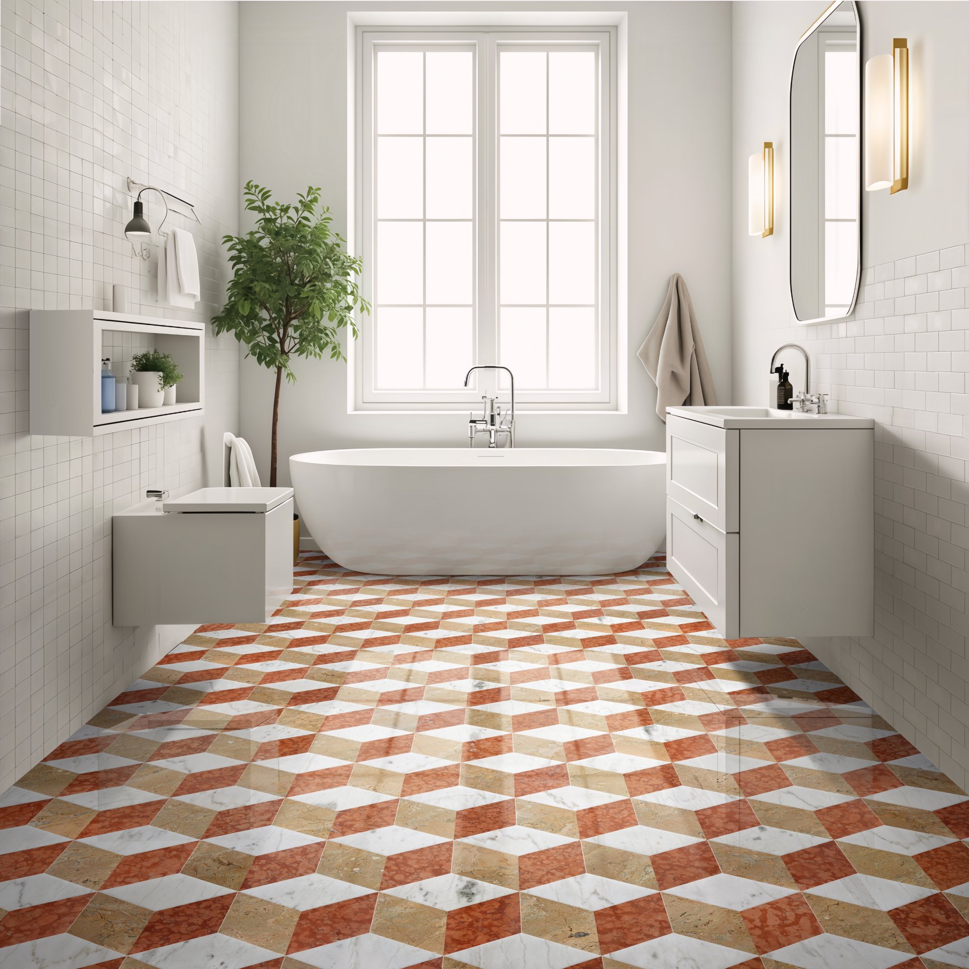 Hexagon Water Jet Marble Tiles For Floor And Wall Polished Stone - Red / White / Gold - Image 2