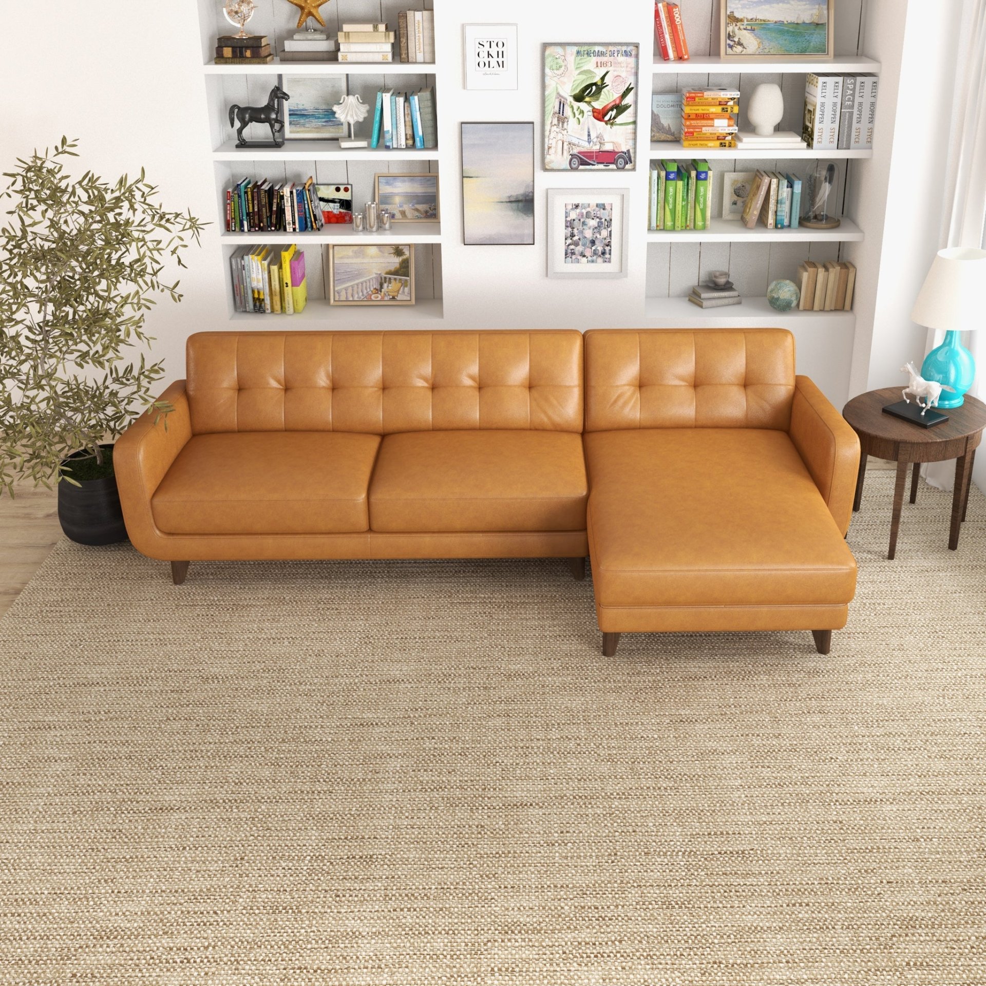 Allison - Right Facing Leather Sectional Sofa - Tan - Image 12