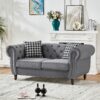 Chesterfield Velvet Upholstery Fabric Sofa With Roll Armrest And Nailhead, Mid Century Modern 2 Seater Couch - Gray - Image 4