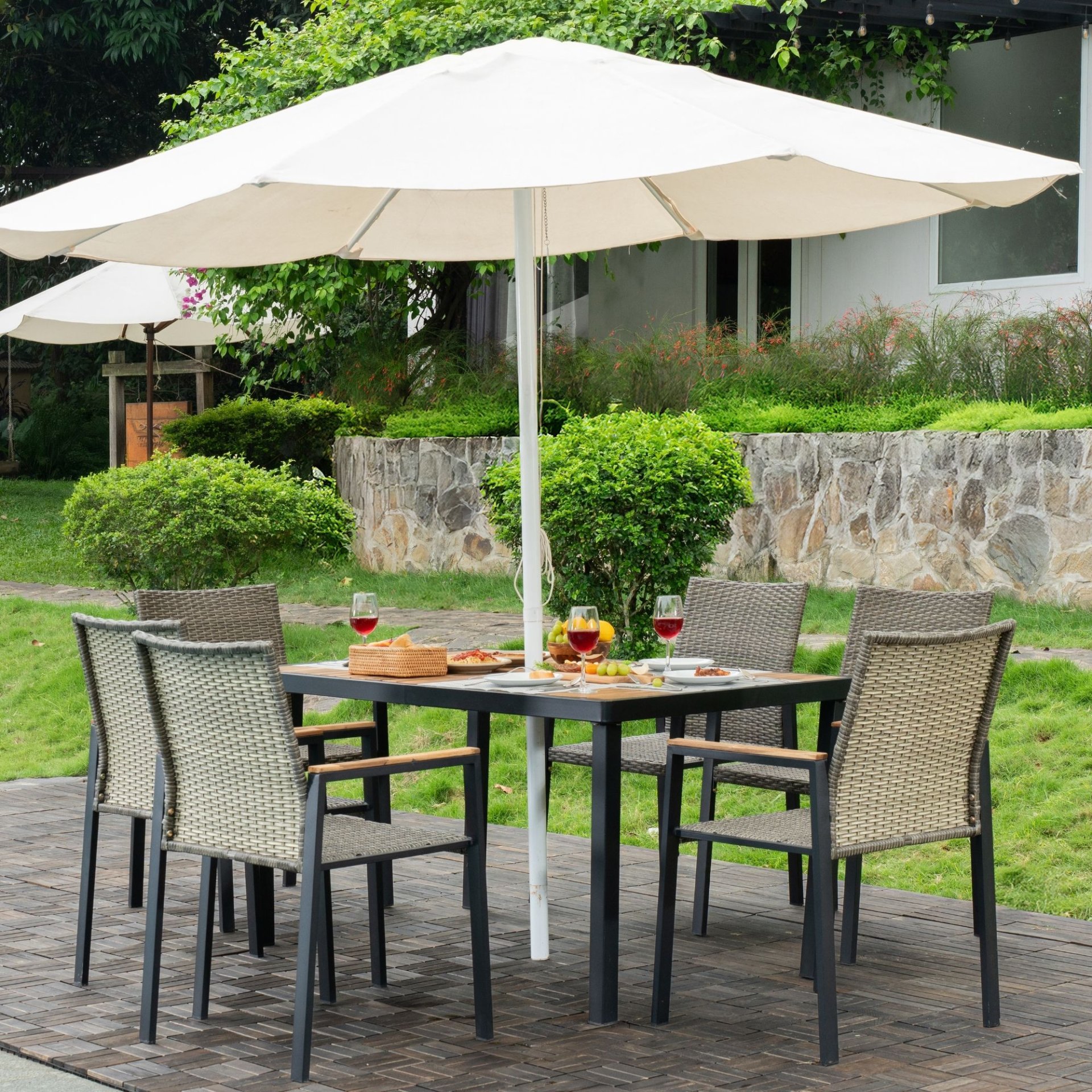All Weather 7 Piece Patio Dining Table Set With Umbrella Hole - Brown / Gray - Image 10