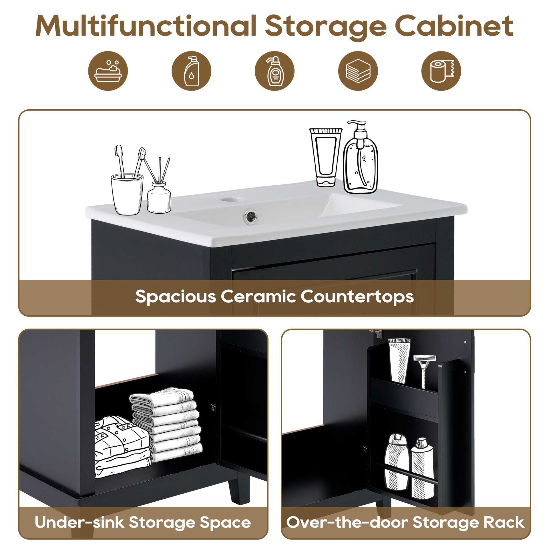 Modern Small Bathroom Vanity Cabinet With Ceramic Basin, Ample Storage, 1 Soft Close Door - Black - Image 9