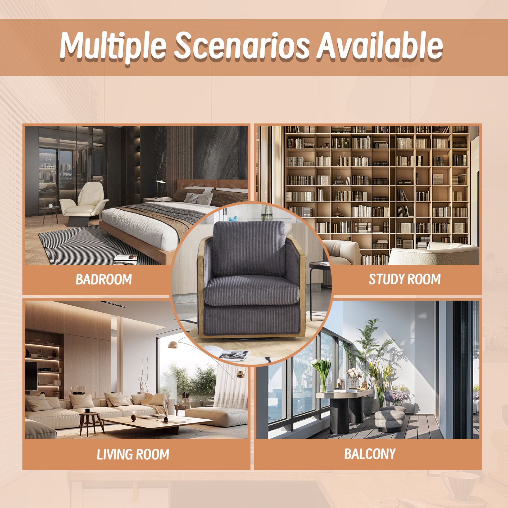 Corduroy Swivel Barrel Chair, Comfortable Accent Sofa, 360 Degree Swivel - Dark Gray - Image 9