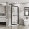 Neo Angle - Frameless Shower Door With White Acrylic Shower Base Combo - Matte Black - Image 2