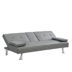 Modern Sofa Bed With Armrest 2 Holders, Wood Frame & Stainless Leg, Futon Style - Gray