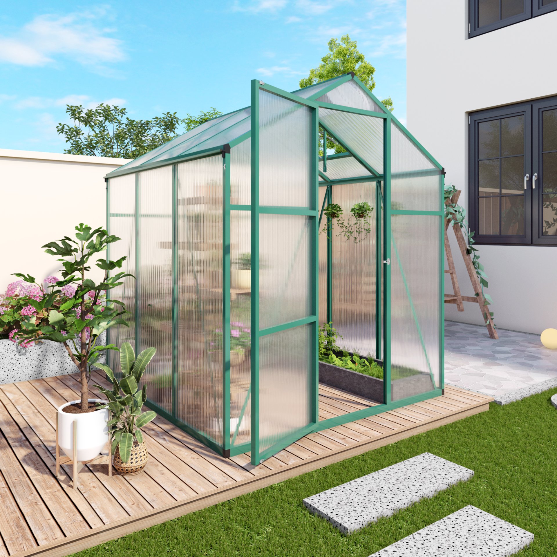 Newly Marketed Gain Height Windproof Aluminum Greenhouse 6 X 6 Ft Polycarbonate Greenhouse Raised Base And Anchor Aluminum Heavy Duty Walk - In Greenhouses For Outdoor Backyard In All Season - Green - Image 2