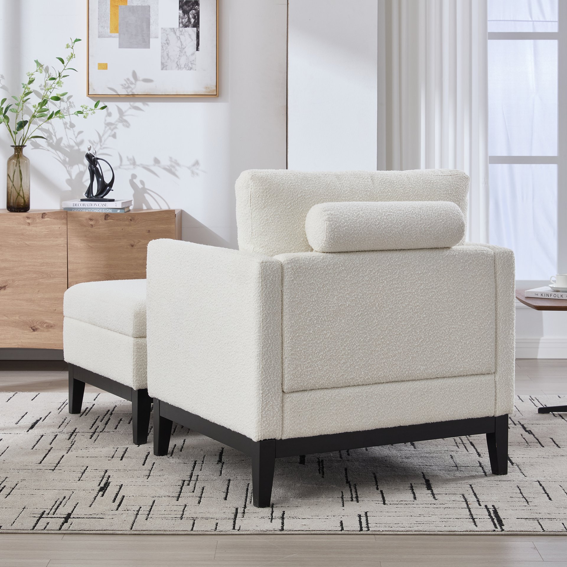 Farmhouse Upholstered Accent Chair With Ottoman, Wood Base, Reversible Lid Coffee Table For Living Room Or Office - Ivory - Image 5