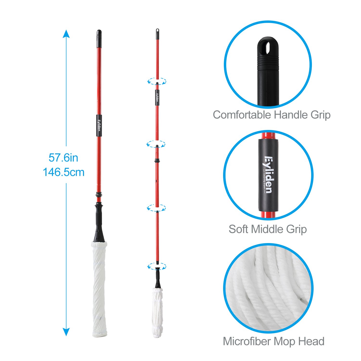 Ultra Fine Fiber Twist Mop With 57.5 Inch Long Handle For Dry And Wet Floor Cleaning - Red - Image 3