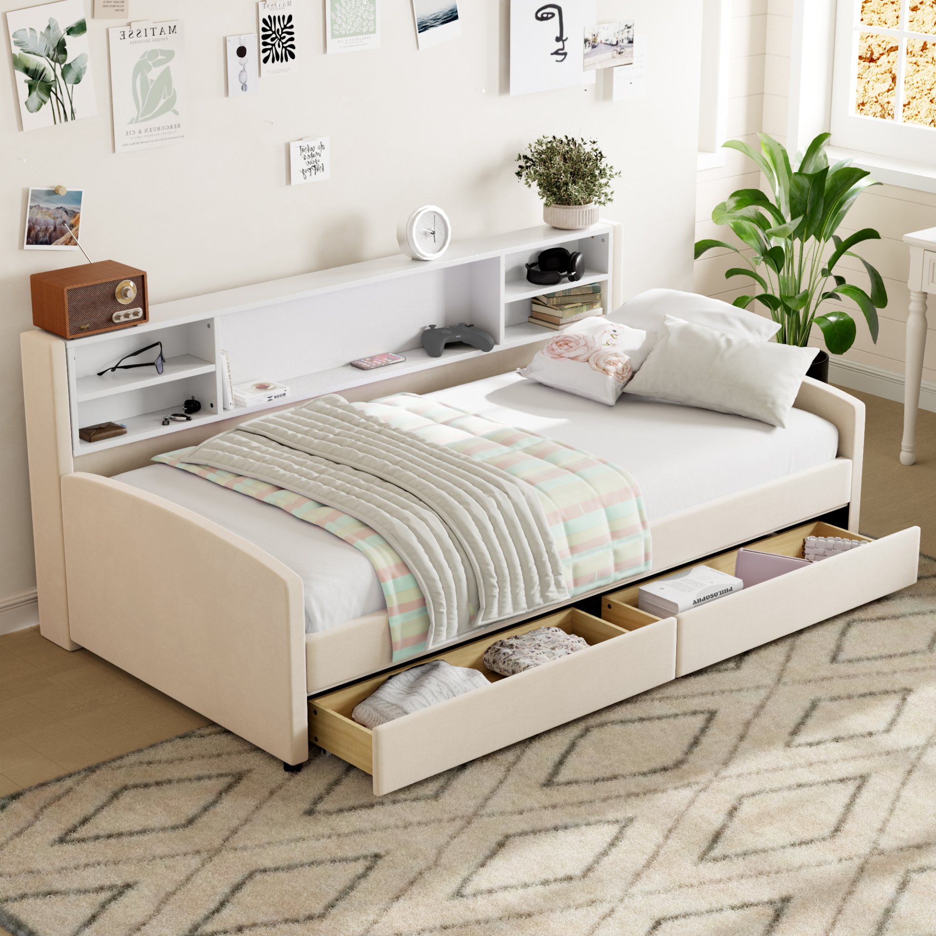 Twin Size Luxurious Upholstered Platform Bed With Storage Drawers - Beige - Image 5