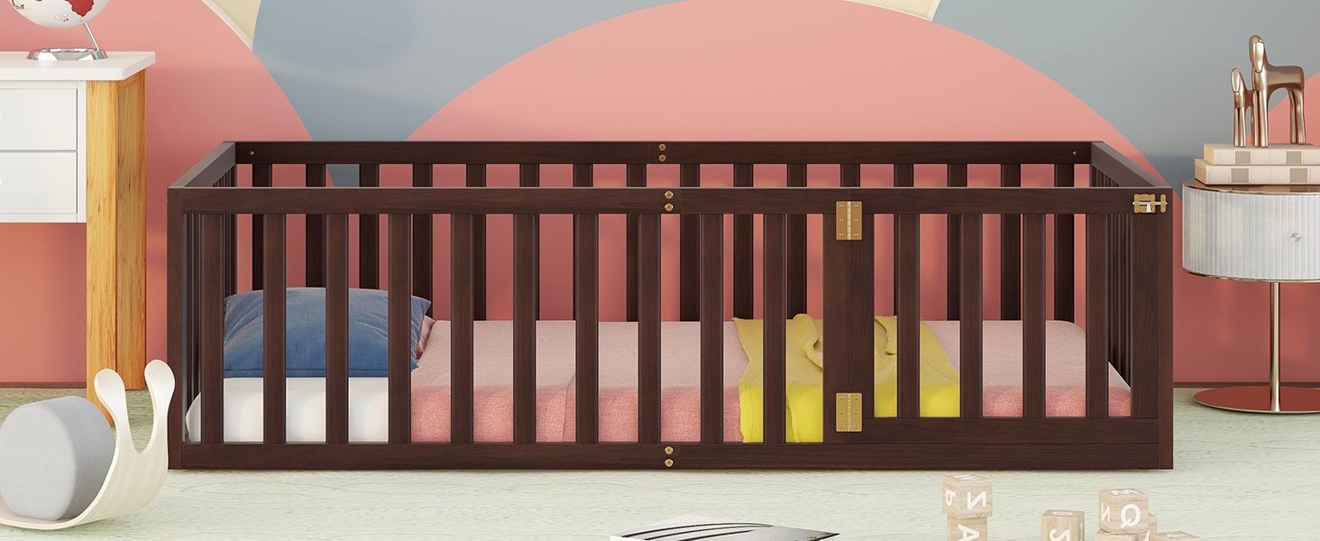 Twin Size Floor Bed Frame With Fence And Door - Walnut - Image 4