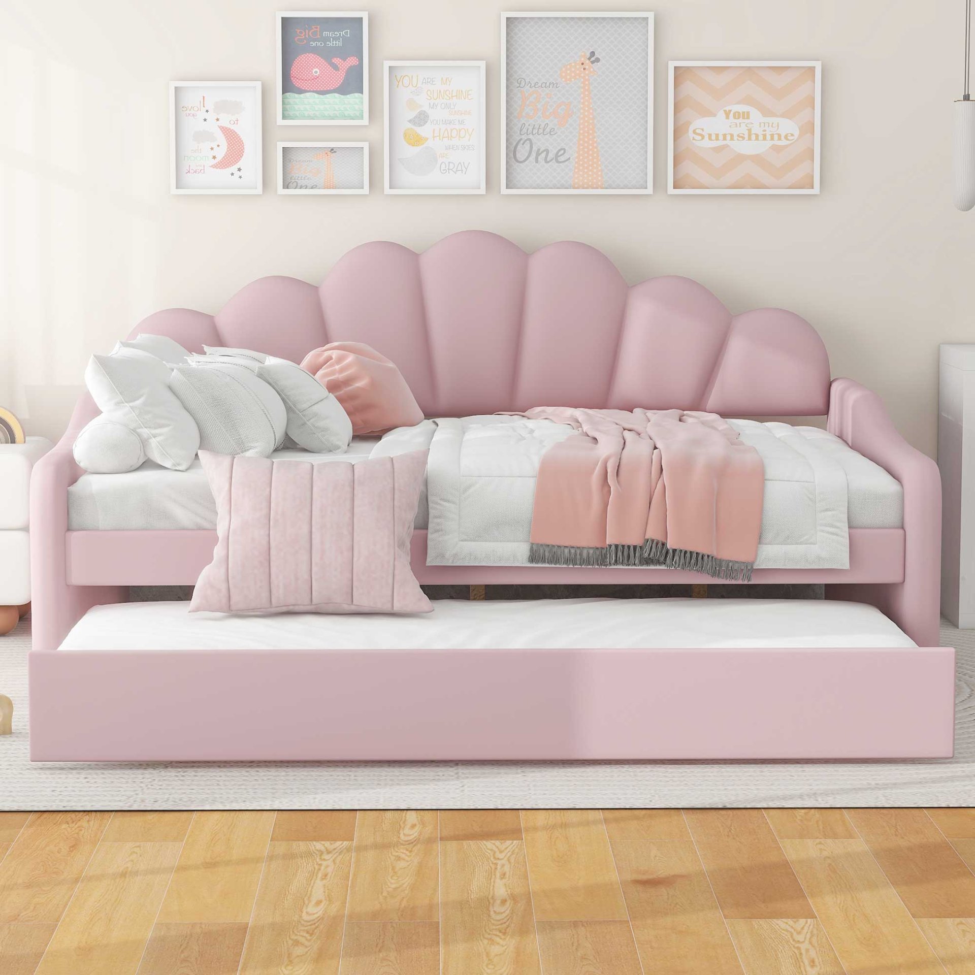 Full Size Upholstery Daybed Frame With Shell Shaped Backrest And Trundle - Pink - Image 4
