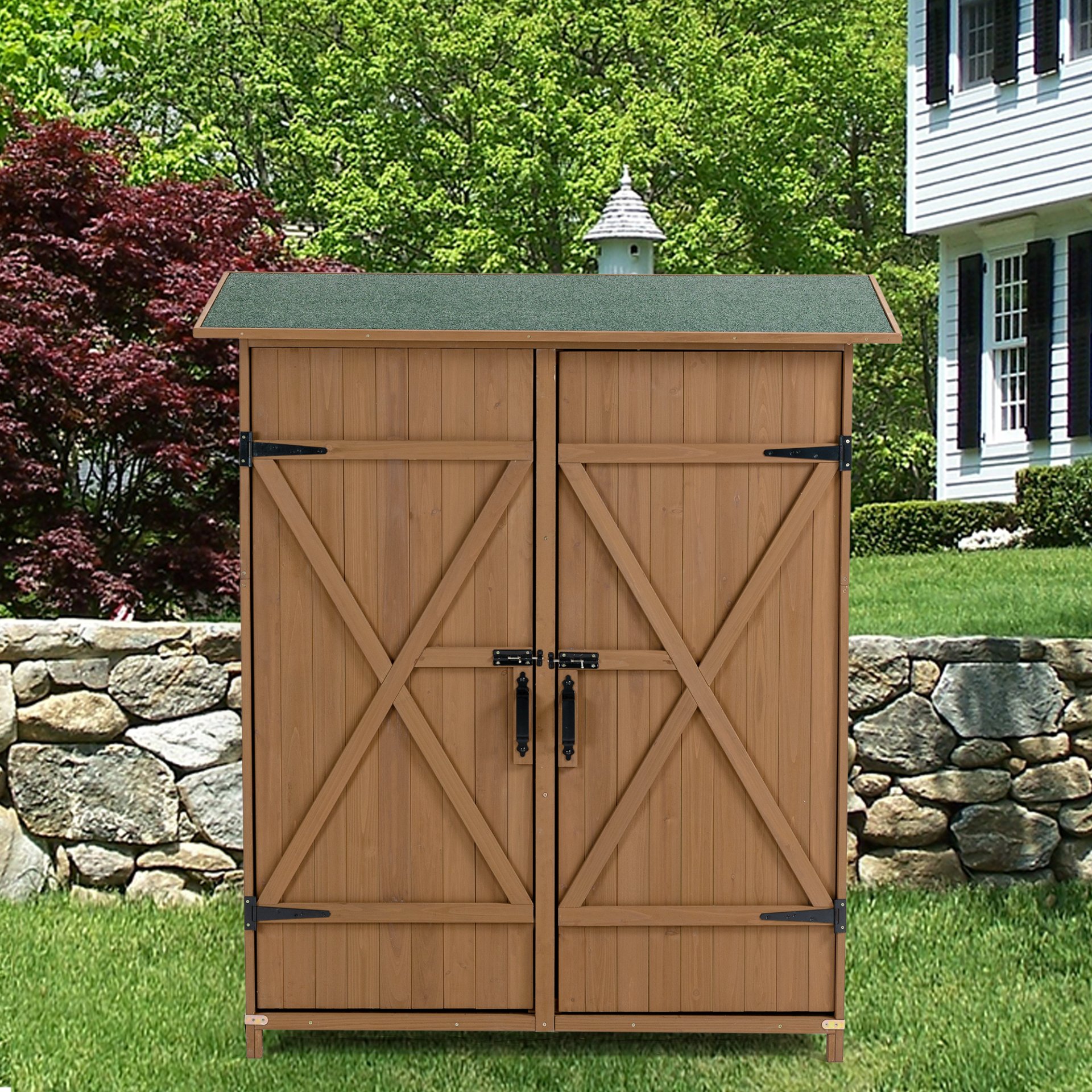 Outdoor Storage Shed With Lockable Door, Wooden Tool Storage Shed With Detachable Shelves & Pitch Roof - Yellow Brown - Image 2
