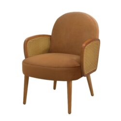 Mid Century Accent Chair With Rattan Armrests And Wooden Legs Velvet For Living Room, Bedroom, Or Balcony - Brown