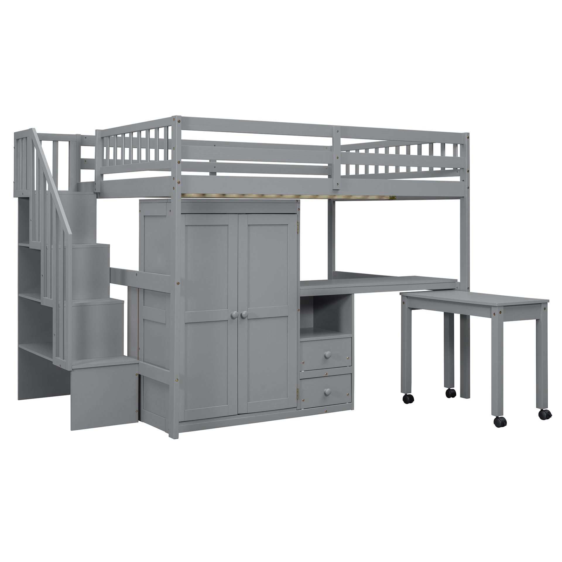 Full Size Loft Bed With Stairs, Bookshelf, Drawers, Desk & Wardrobe, Space Saving Multifunctional Furniture - Gray - Image 16