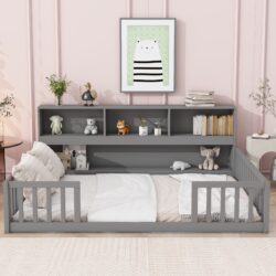 Full Floor Bed With Side Bookcase, Shelves, Guardrails - Gray