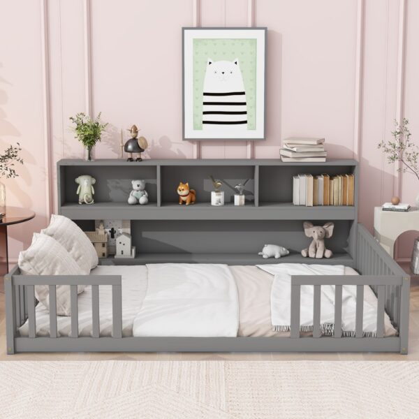 Full Floor Bed With Side Bookcase, Shelves, Guardrails - Gray