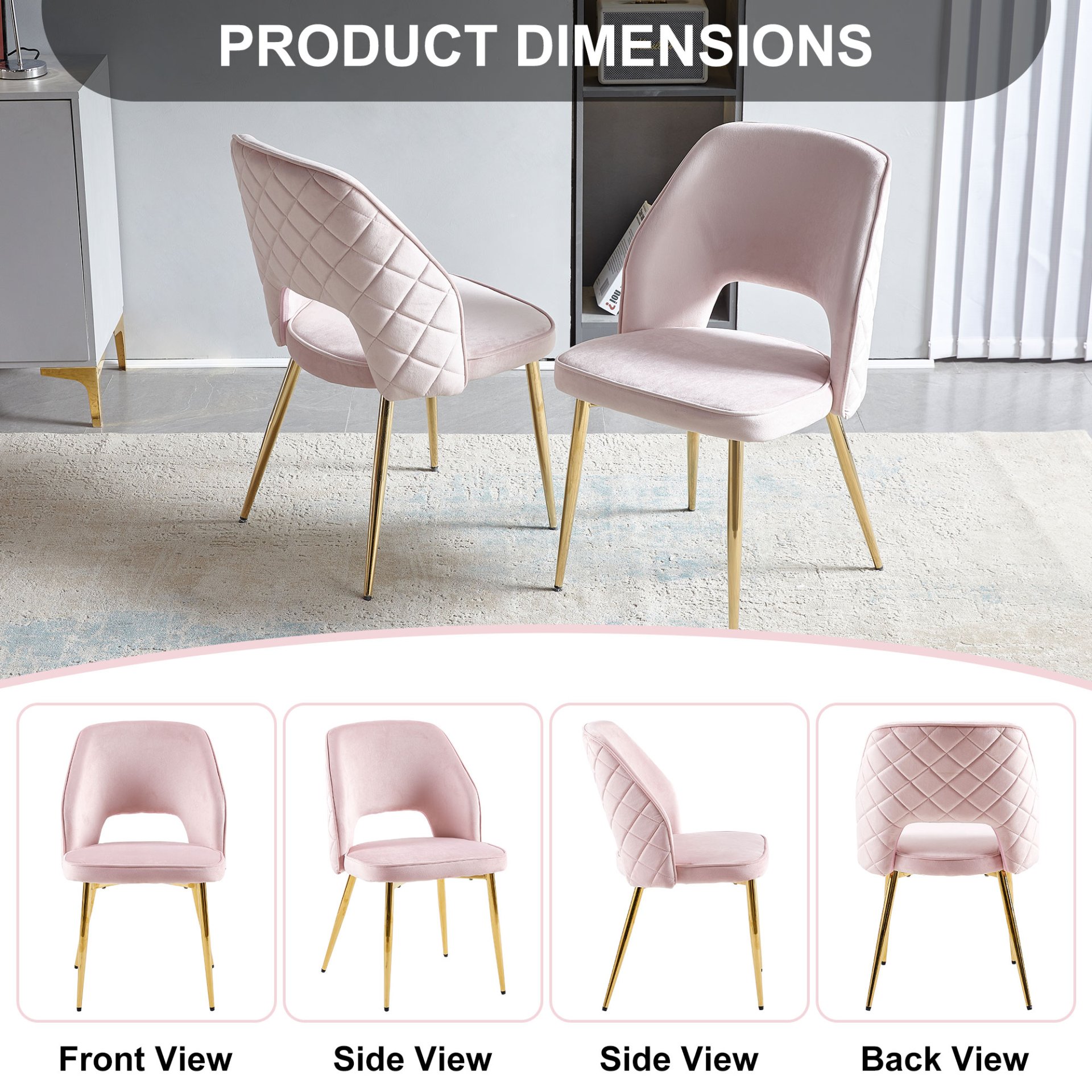 Velvet Dining Chairs With Metal Legs And Hollow Back Upholstered Dining Chairs (Set of 4) - Pink - Image 6