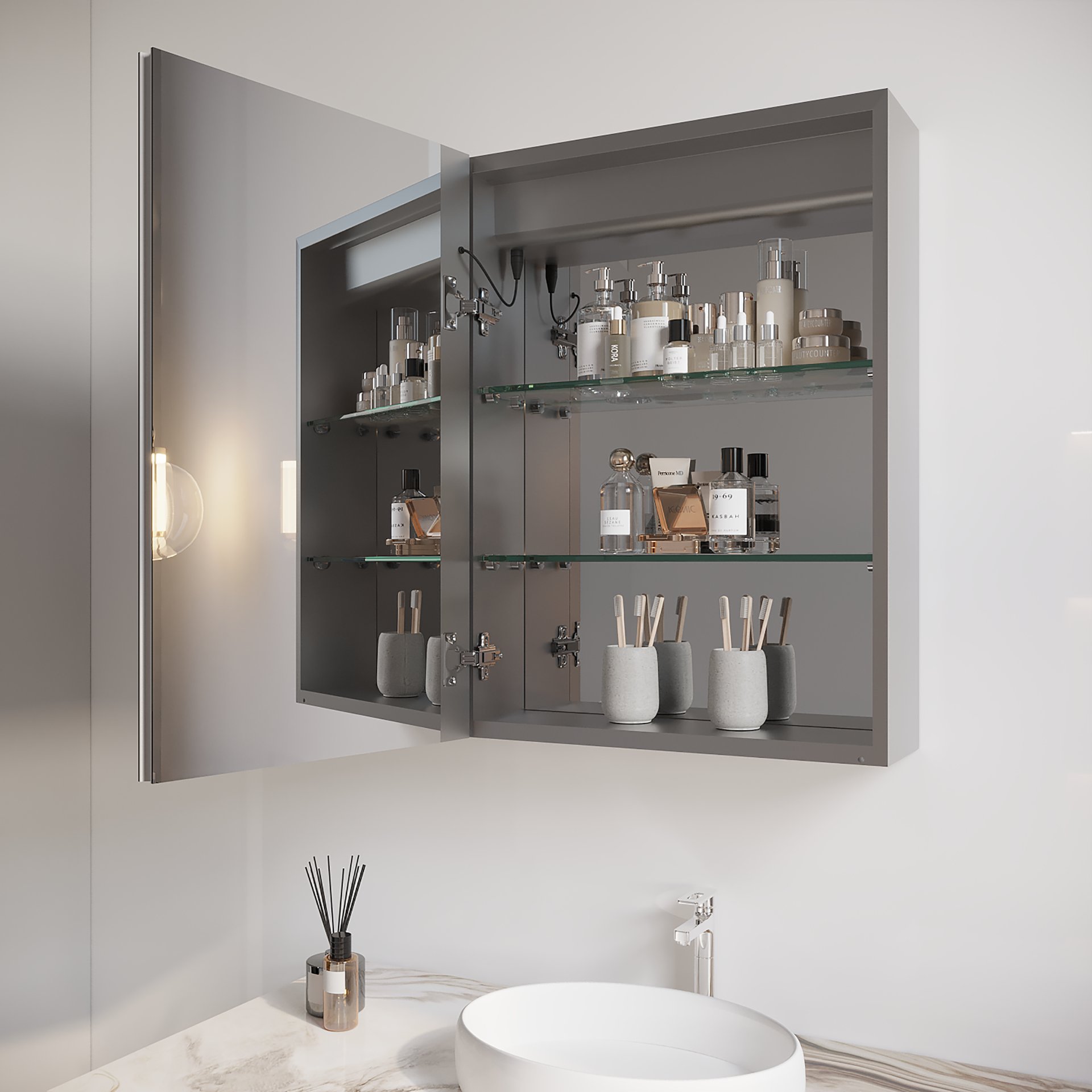 26" X 20" Bathroom Medicine Cabinet With LED Mirror, Anti-Fog, Waterproof, 3000K~6000K Single Door Lighted Bathroom Cabinet With Touch Swich, Dimmable, Recessed Or Surface Mount (Left Door) - Silver - Image 2