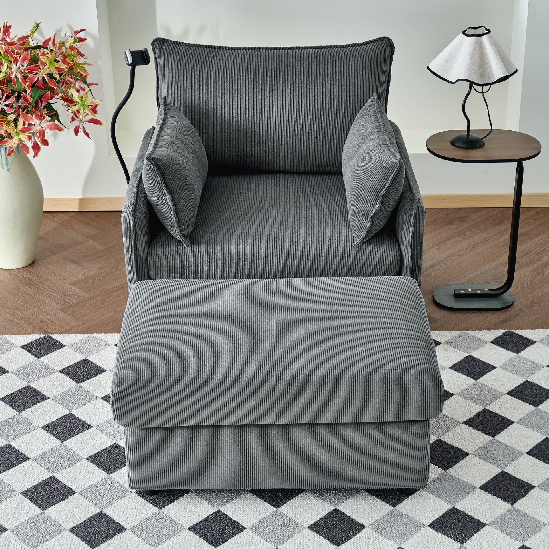 Comfy Corduroy Oversized Chaise Lounge Chair With Ottoman And Storage - Gray - Image 4