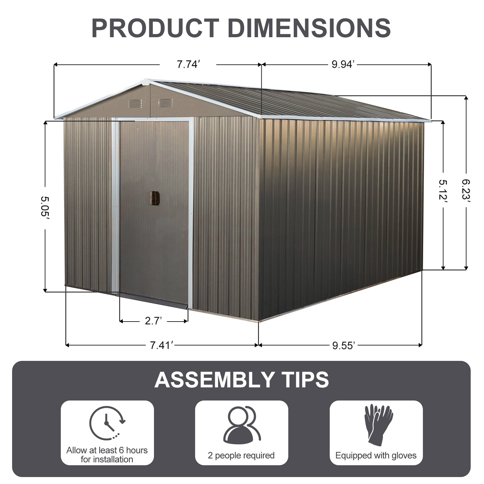 8X10Ft Outdoor Metal Storage Shed - Gray - Image 7