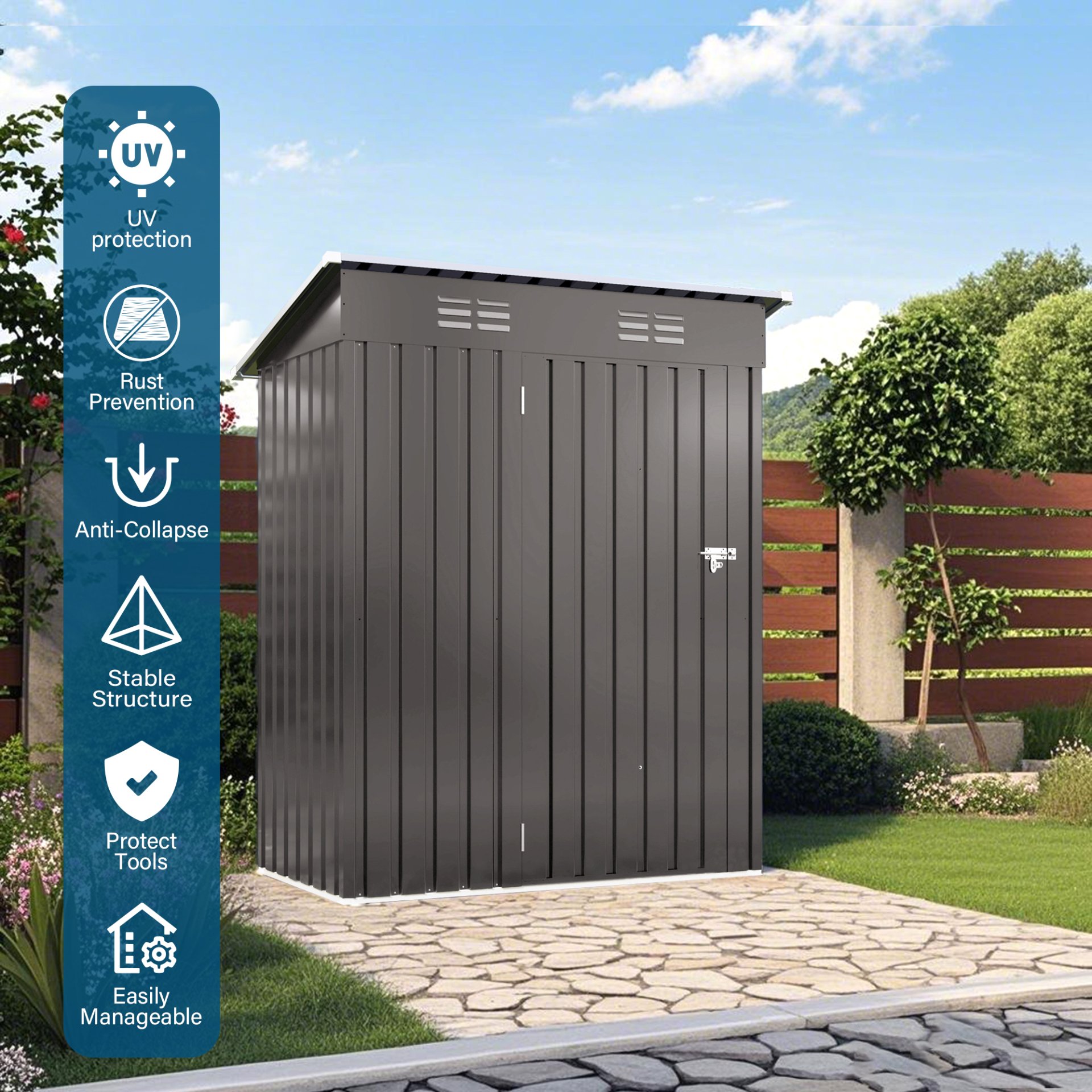5 X 3 Ft Durable Metal Shed Outdoor Storage Shed With Pitched Roof And Lockable Door - Gray - Image 6