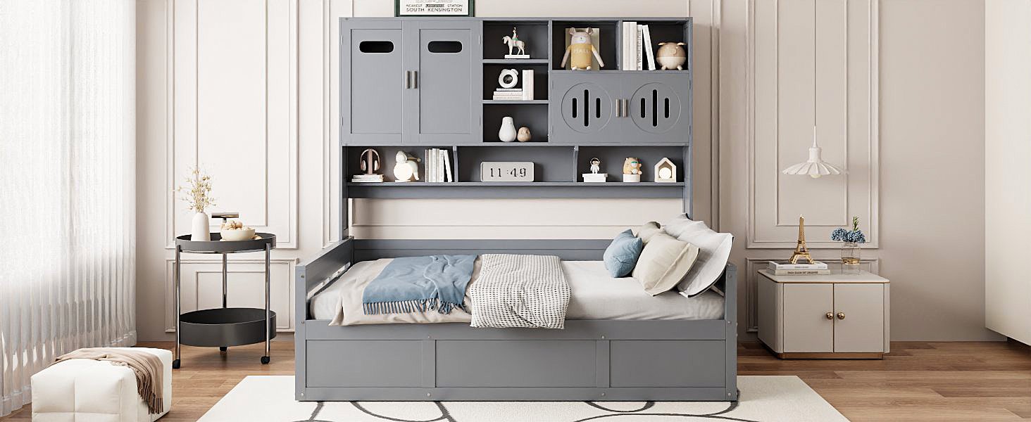 Full Size Wooden Daybed With Hydraulic Bed And All In One Cabinet And Shelf - Gray - Image 14