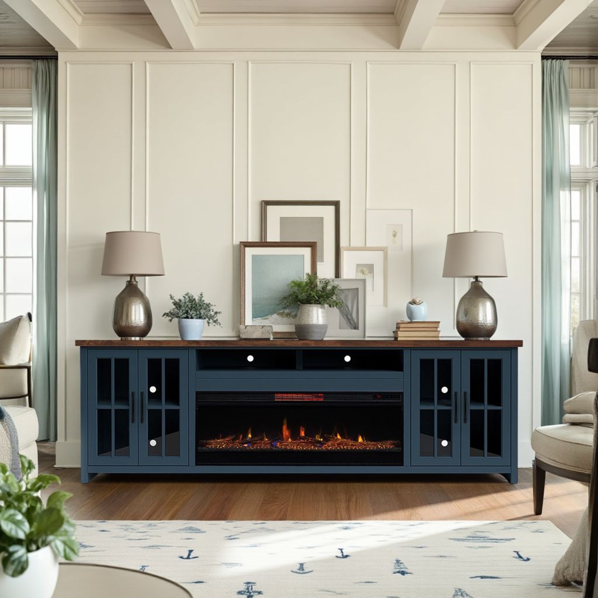 Nantucket - Fireplace TV Stand Console For TVs Up To 100" - Blue Denim, Whiskey - Image 4