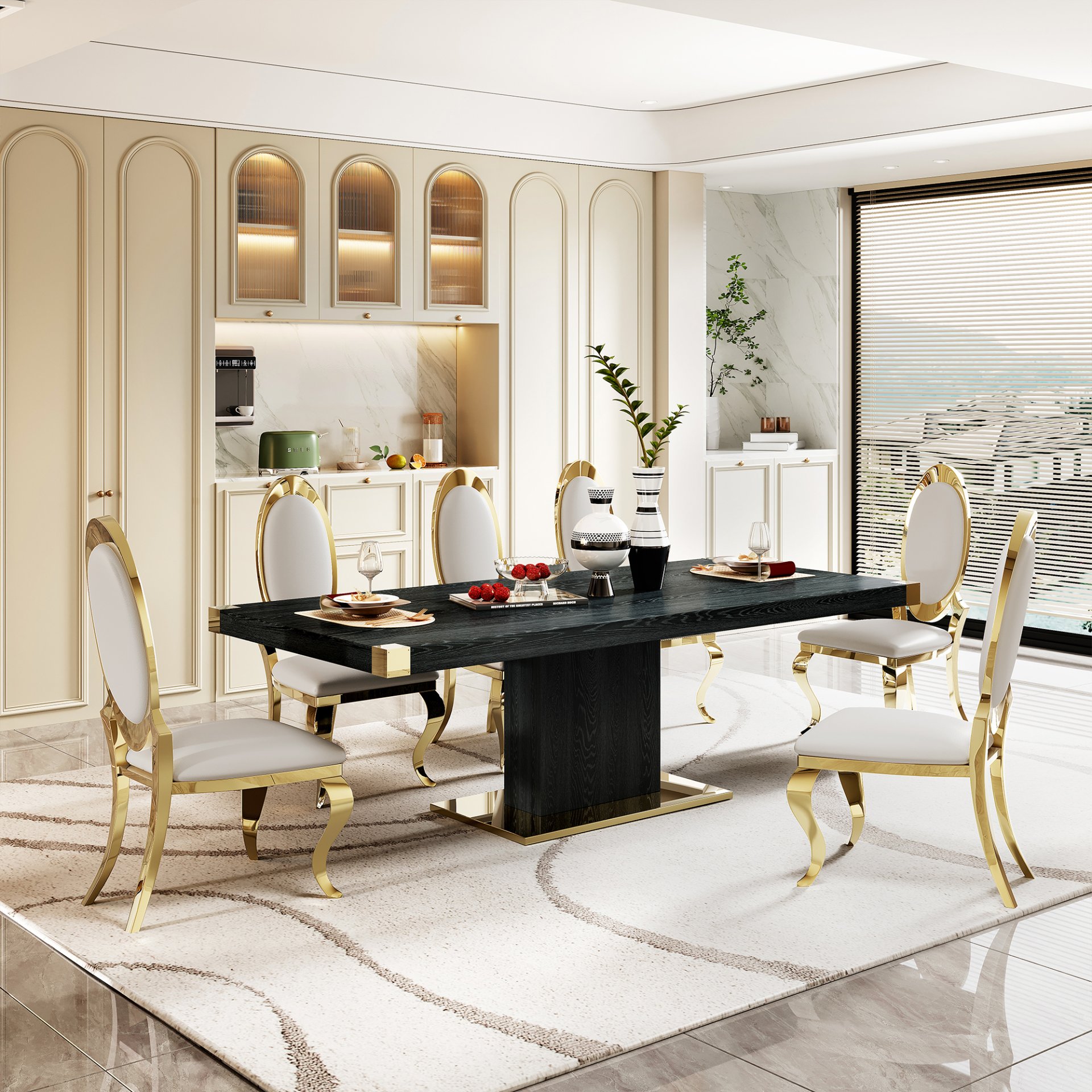 Top Dining Table With Gold Finish Corner, Pillar And Gold Finish Stainless Steel Base - Black - Image 2