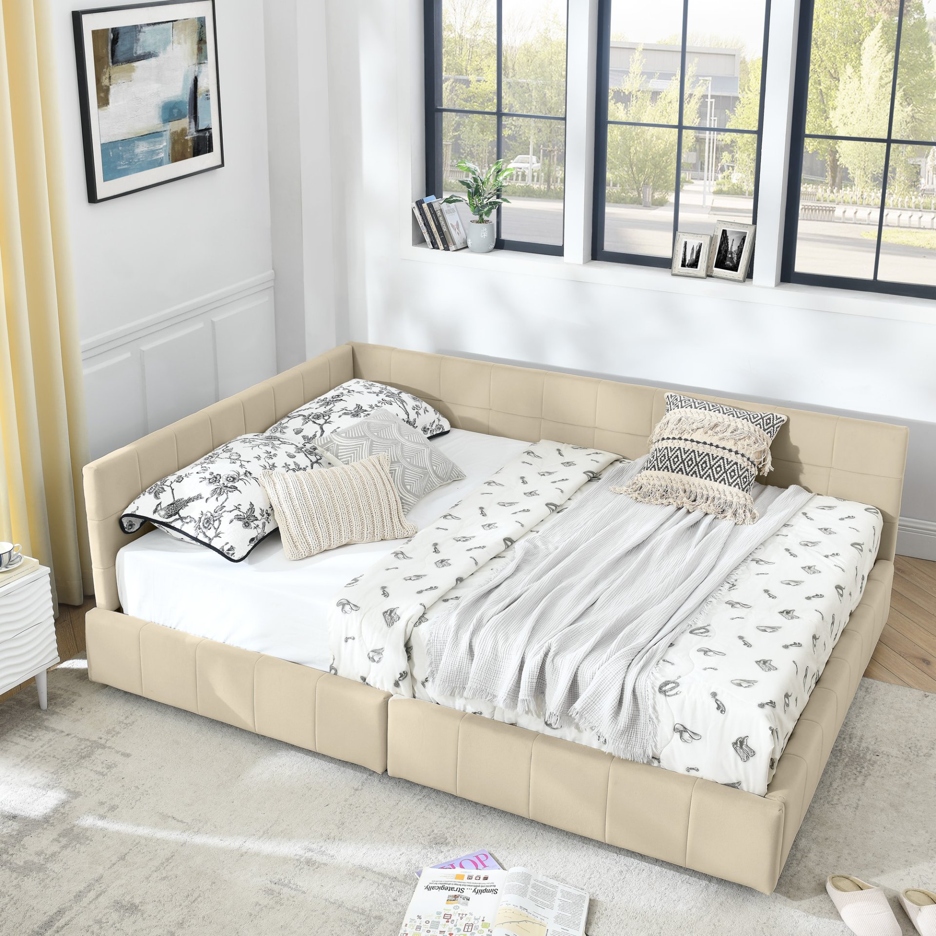 Mid Century Velvet Upholstered Tufted Queen Size Storage Bed Frame With Backrest And Armrests - Beige - Image 5