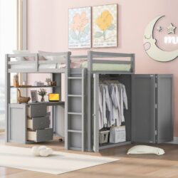 Full Size Loft Bed With Drawers, Desk, And Wardrobe - Gray