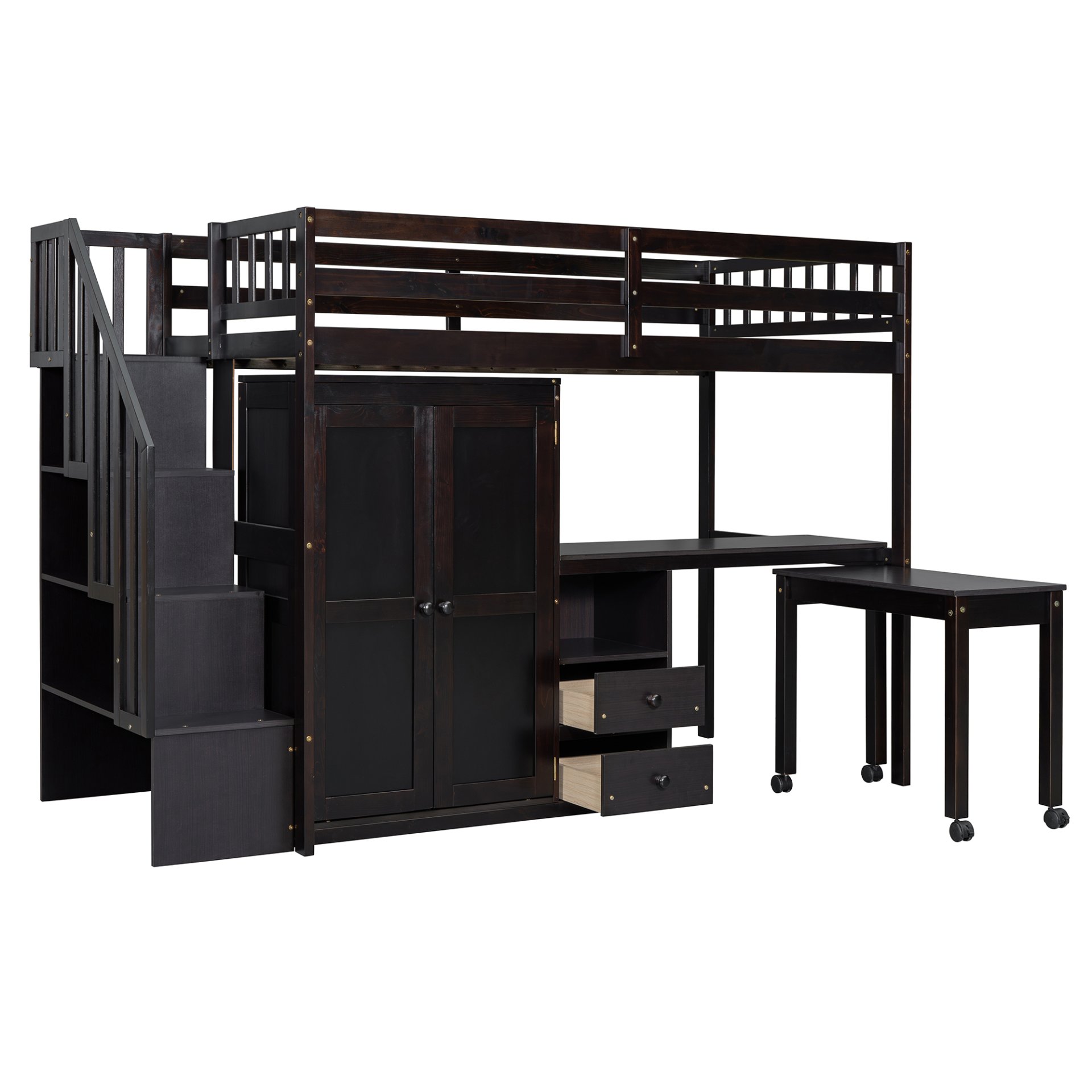 Twin Size Loft Bed With Stairs, Bookshelf, Drawers, Desk & Wardrobe, Space Saving Multifunctional Furniture - Espresso - Image 13