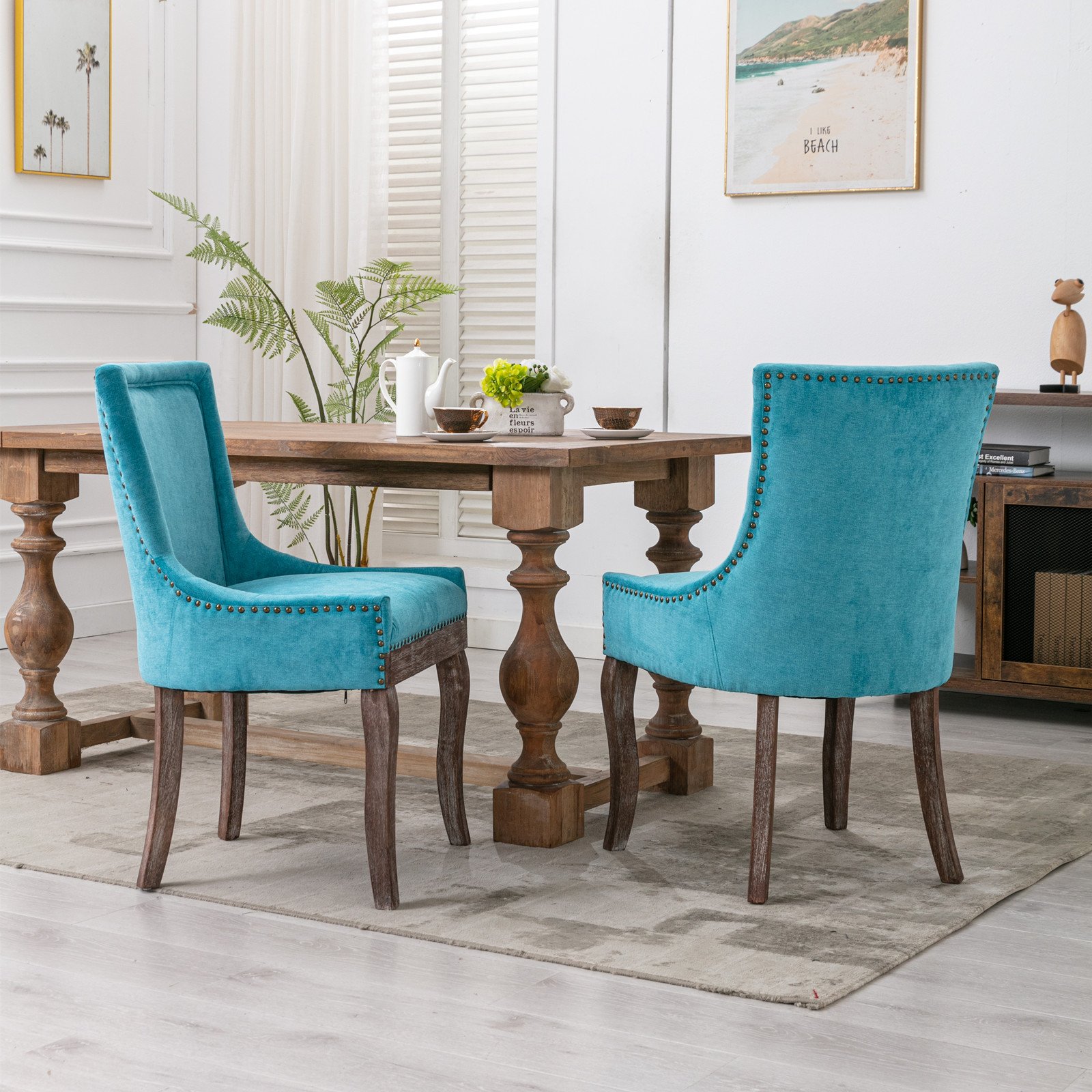Ultra Side Dining Chair,Thickened Fabric Chairs With Neutrally Toned Solid Wood Legs, Bronze Nail Head (Set of 2) - Blue - Image 12