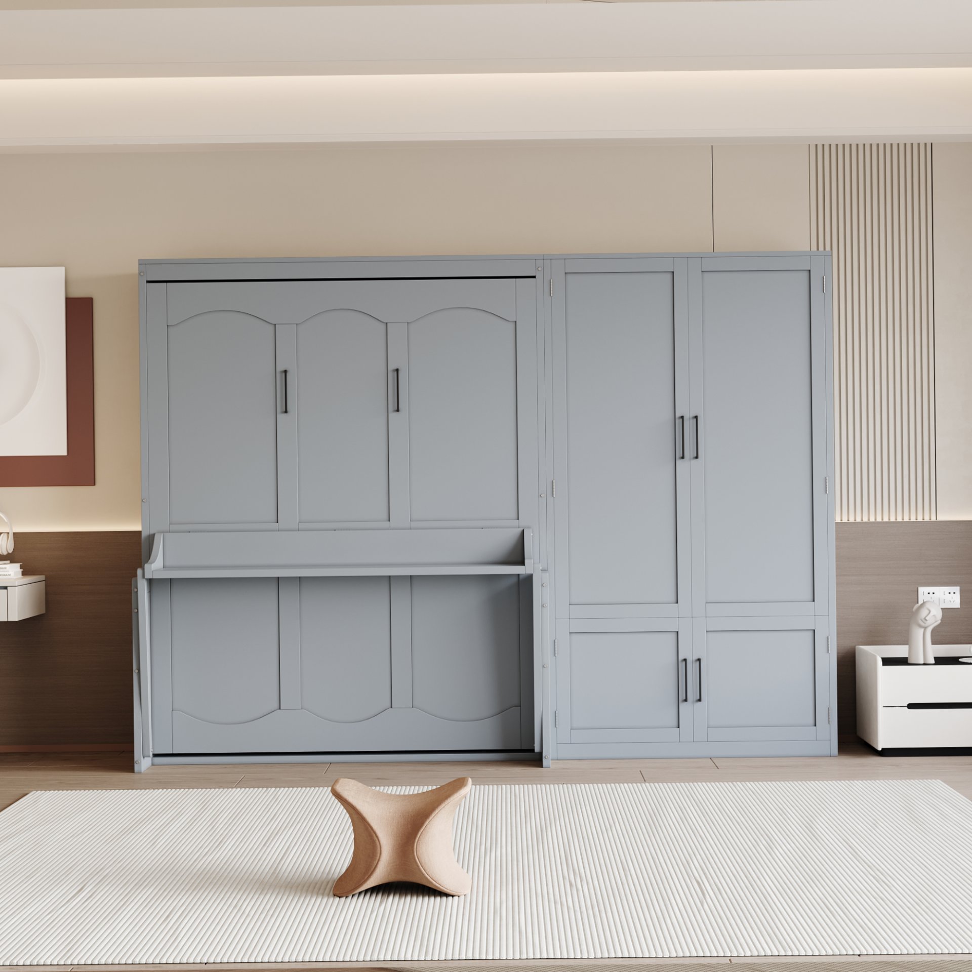 Queen Size Murphy Elegant Wall Bed With Closet - Gray - Image 4