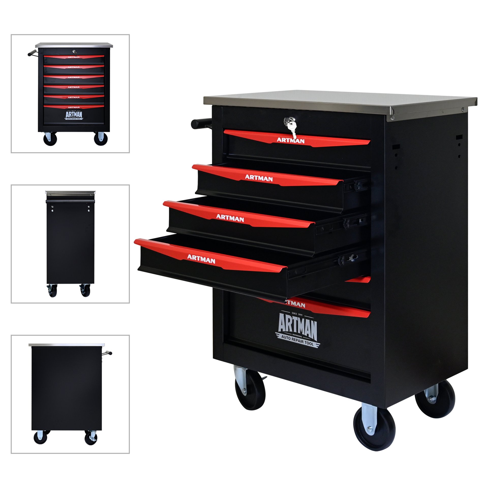 6 Drawer Multifunctional Tool Cart With Wheels, Metal Rolling Tool Cart Storage For Garage Workshop Warehouse Repair Shop With Stainless Steel Roof - Black / Red - Image 7