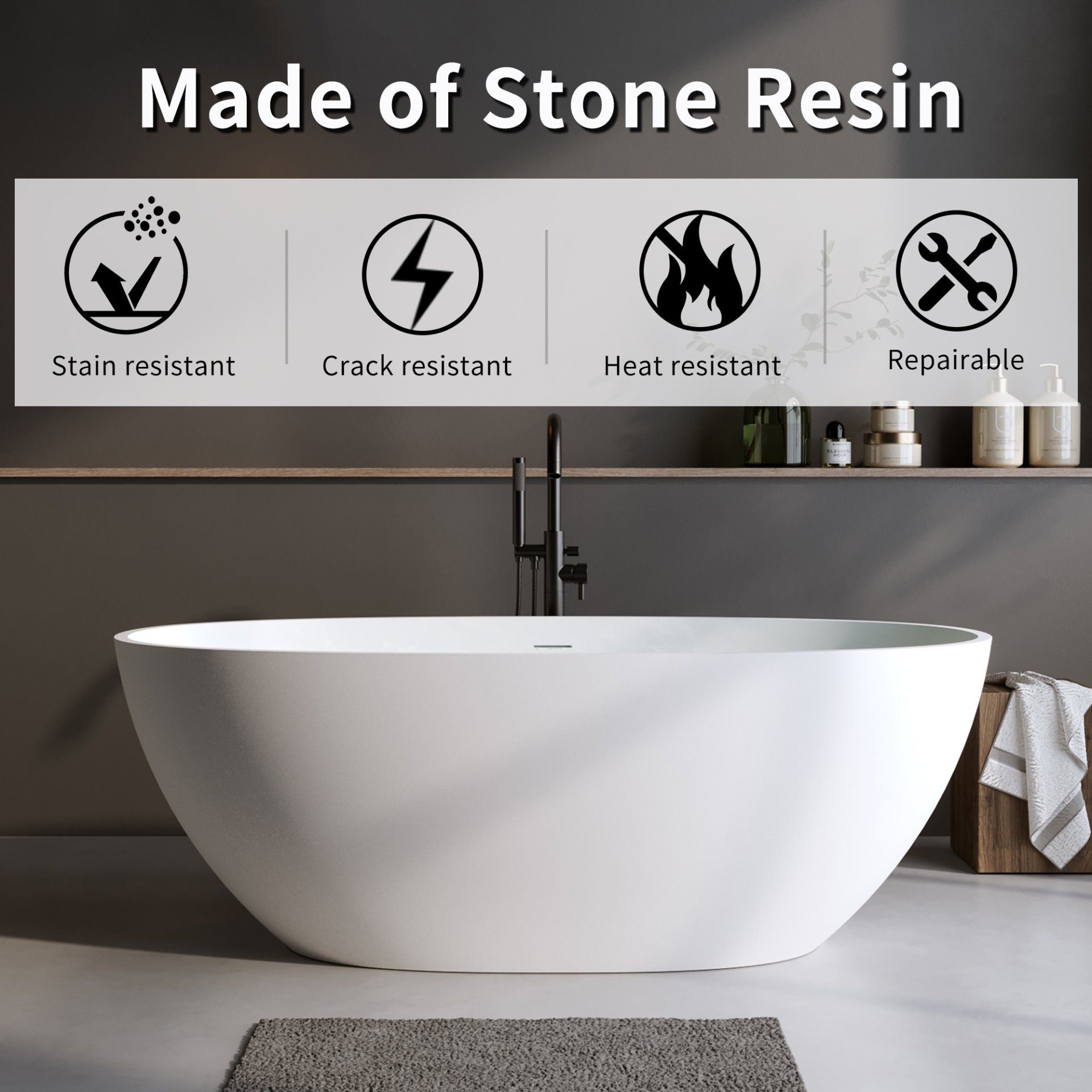 Solid Surface Matte Tub, Solid Surface Soaking Tub, Stone Resin Freestanding Bathtub, Thick Edge Stand Alone Tubs With Overflow, Pop-Up Drain (Oval) - Matte White - Image 4