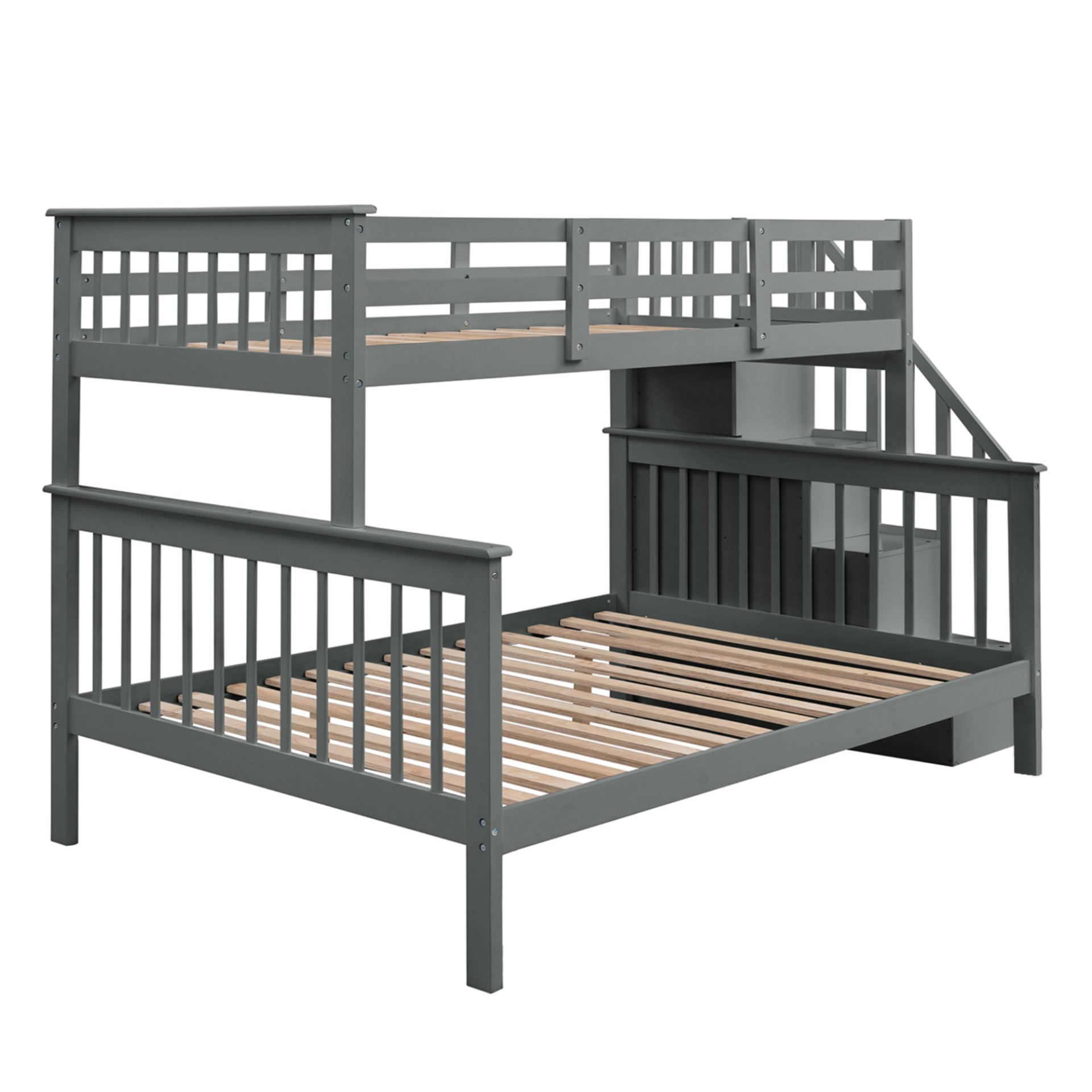 Twin Over Full Bunk Bed Stairway With Storage And Guard Rail For Bedroom - Gray - Image 6