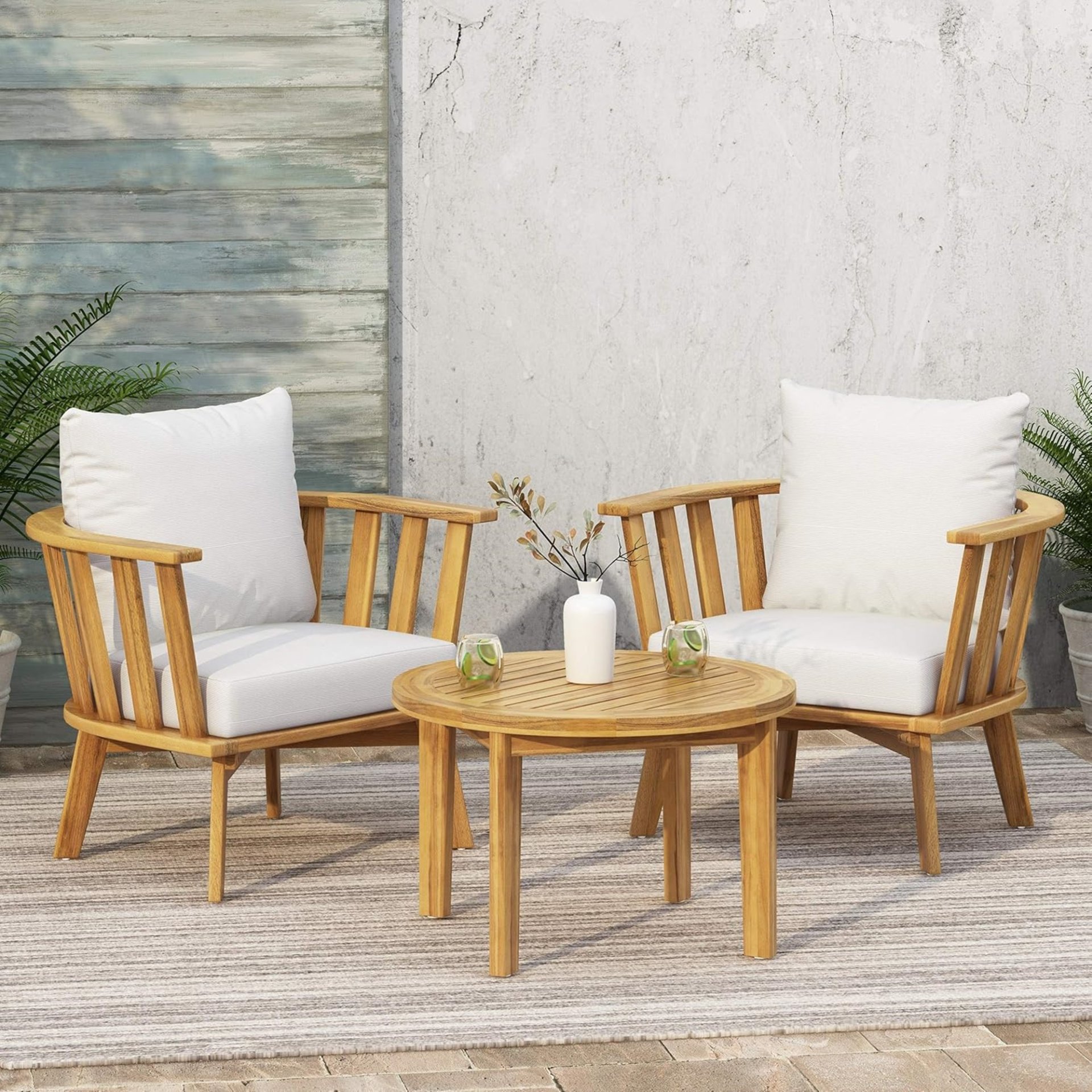 3 Piece Patio Furniture Set, Outdoor Acacia Wood Patio Club Chair With Table, Wooden Patio Furniture, Waterproof Thick Cushion Deep Seating For Porch - Teak / White - Image 2