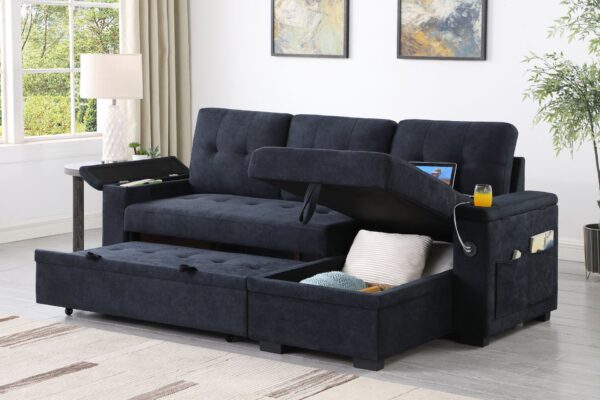 Ashlyn II - Woven Fabric Reversible Sleeper Sectional Sofa With Storage Chaise, Storage Arm, Cup Holder, Charging Ports, Side Pockets, and Pocket Coil Seating - Dark Gray