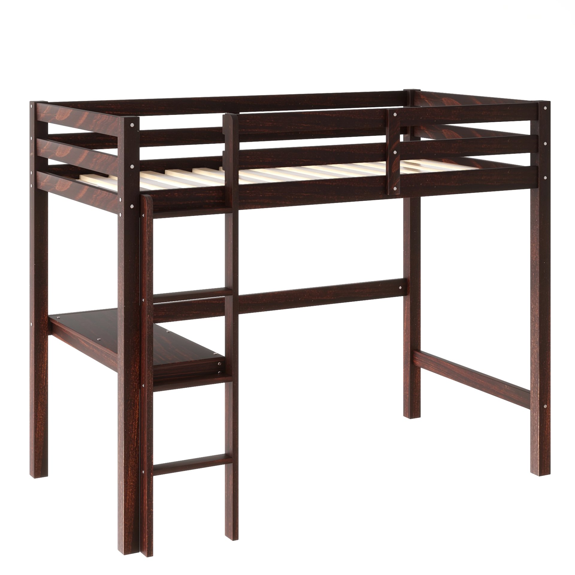 Twin Loft Pine Wood Bed With Built-In Desk, Safety Guardrails, Ladder - Espresso - Image 9