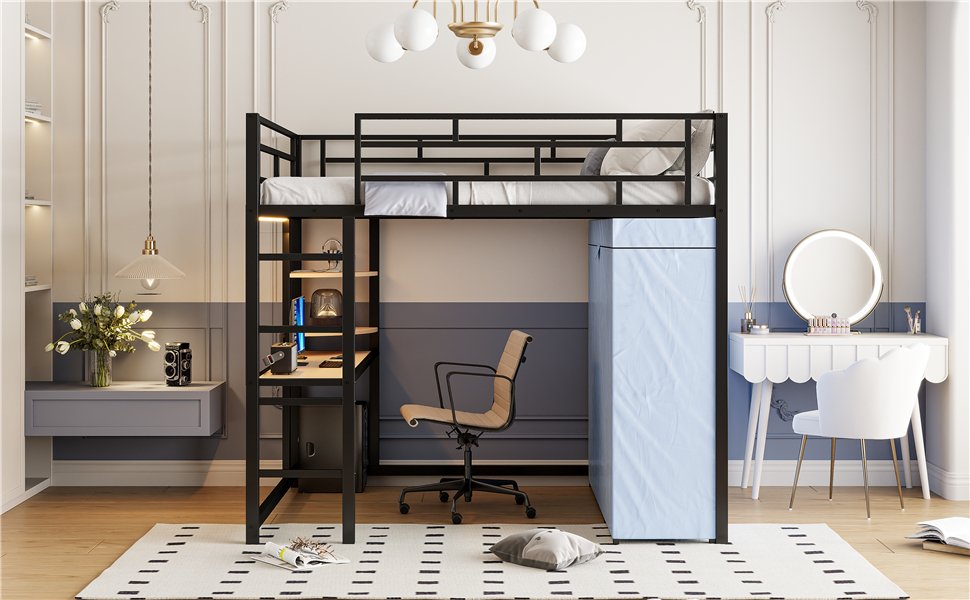 Full Size Loft Bed With Desk, Shelves, Power Outlet, LED Light And Wardrobe - Black - Image 26