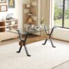 Elegant Tempered Glass Dining Table With X Shaped Metal Legs And Wood Grain Crossbeam - Black / Transparent - Image 2