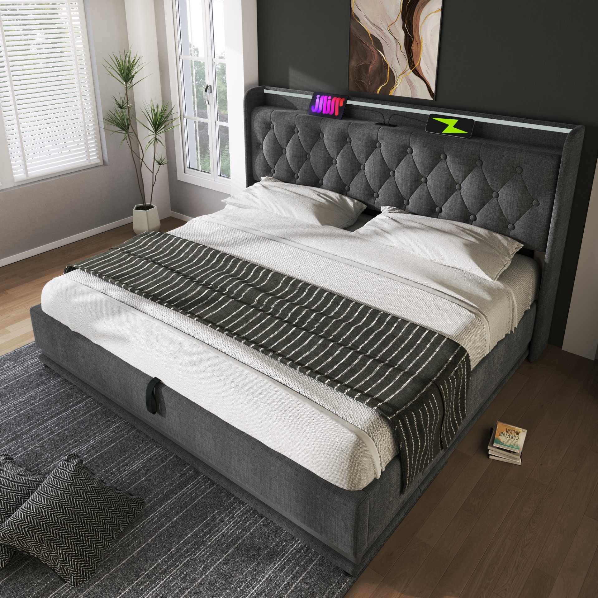 Full Size Upholstered Bed, 360 Surround LED Function, Buttons / Apps / Remote Control, Hydraulic Storage Bed With USB Type-C Charging (Without Mattress) - Gray - Image 16