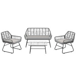 Elegant 4 Piece Wicker Patio Furniture Set With Tempered Glass Table And Detachable Cushions - Gray